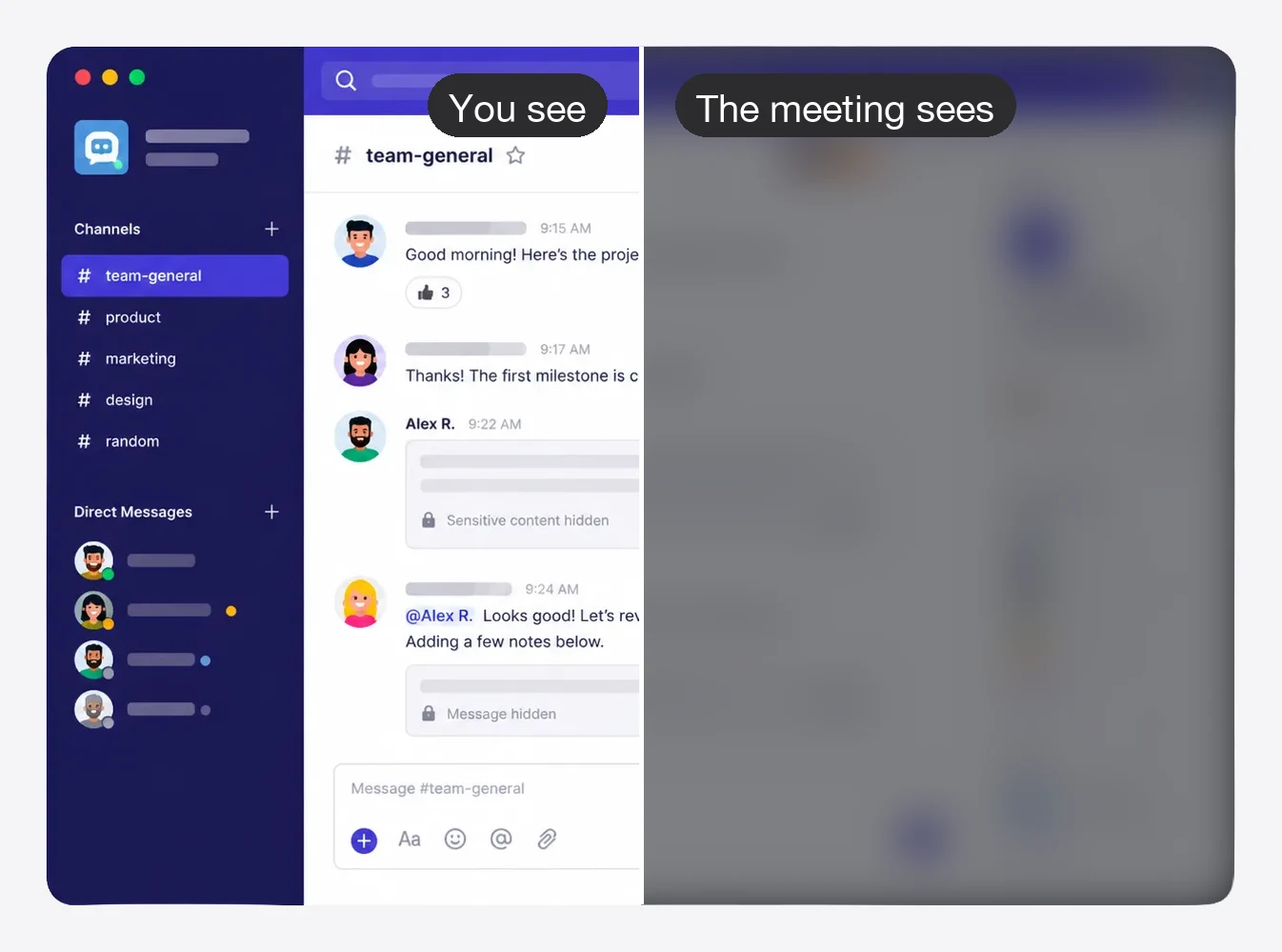 Side by side: the team chat as the presenter sees it, and the frosted version the meeting sees